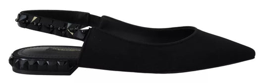 Dolce & Gabbana Black Flats Crystal Slingback Charmeuse Women's Shoes (Pre-Owned)