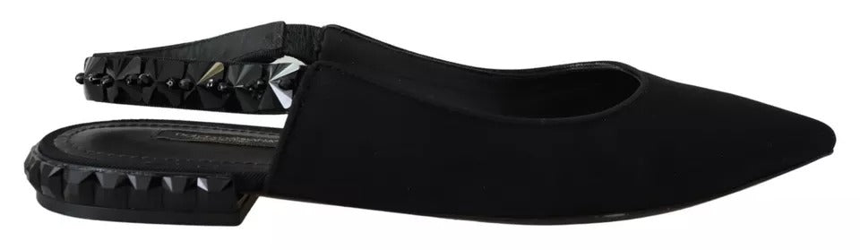 Dolce & Gabbana Black Flats Crystal Slingback Charmeuse Women's Shoes (Pre-Owned)