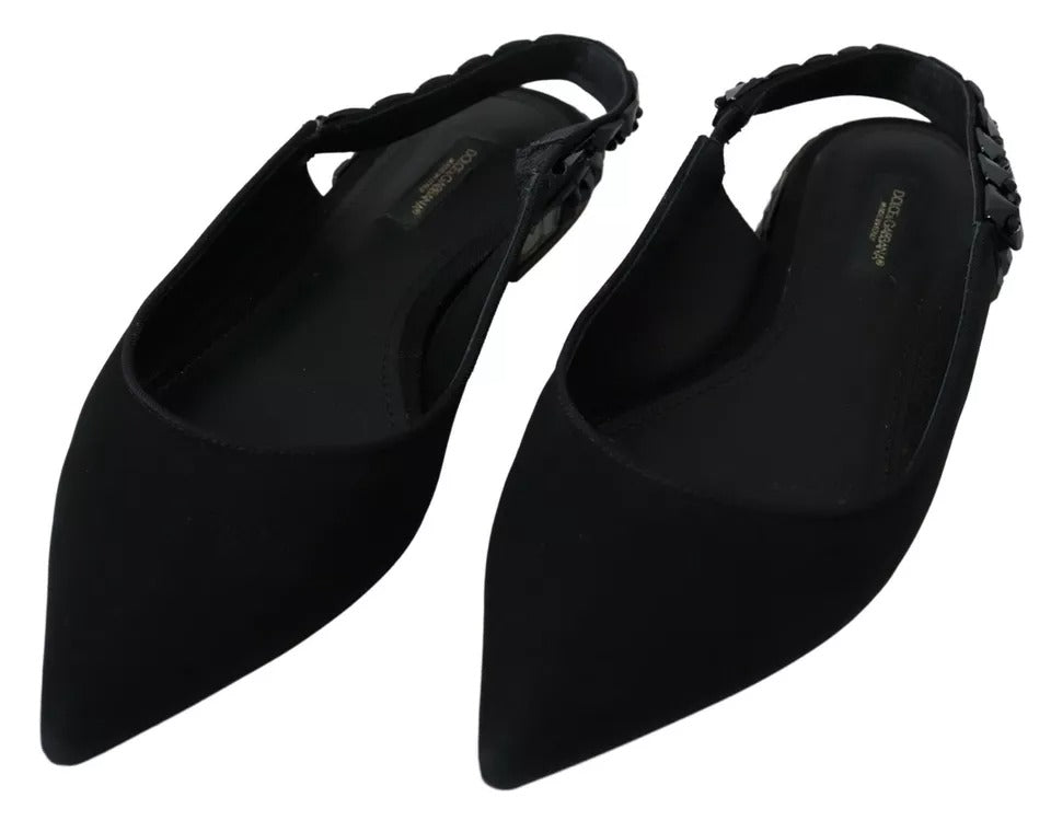 Dolce & Gabbana Black Flats Crystal Slingback Charmeuse Women's Shoes (Pre-Owned)