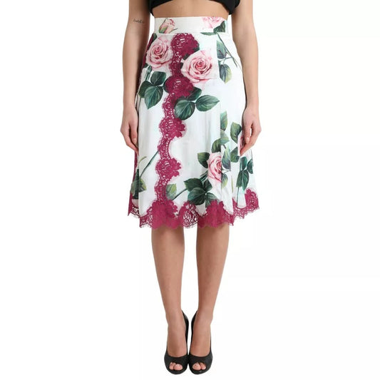 Dolce & Gabbana White Rose Print High Waist Midi A-line Women's Skirt (Pre-Owned)