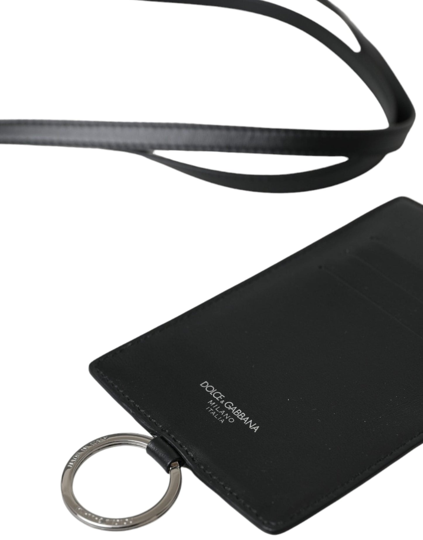 Dolce & Gabbana Black Calf Leather Lanyard Logo Card Holder Men Men's Wallet