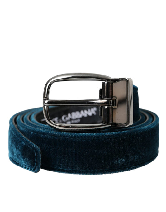 Dolce & Gabbana Blue Velvet Leather Silver Metal Buckle Men's Belt