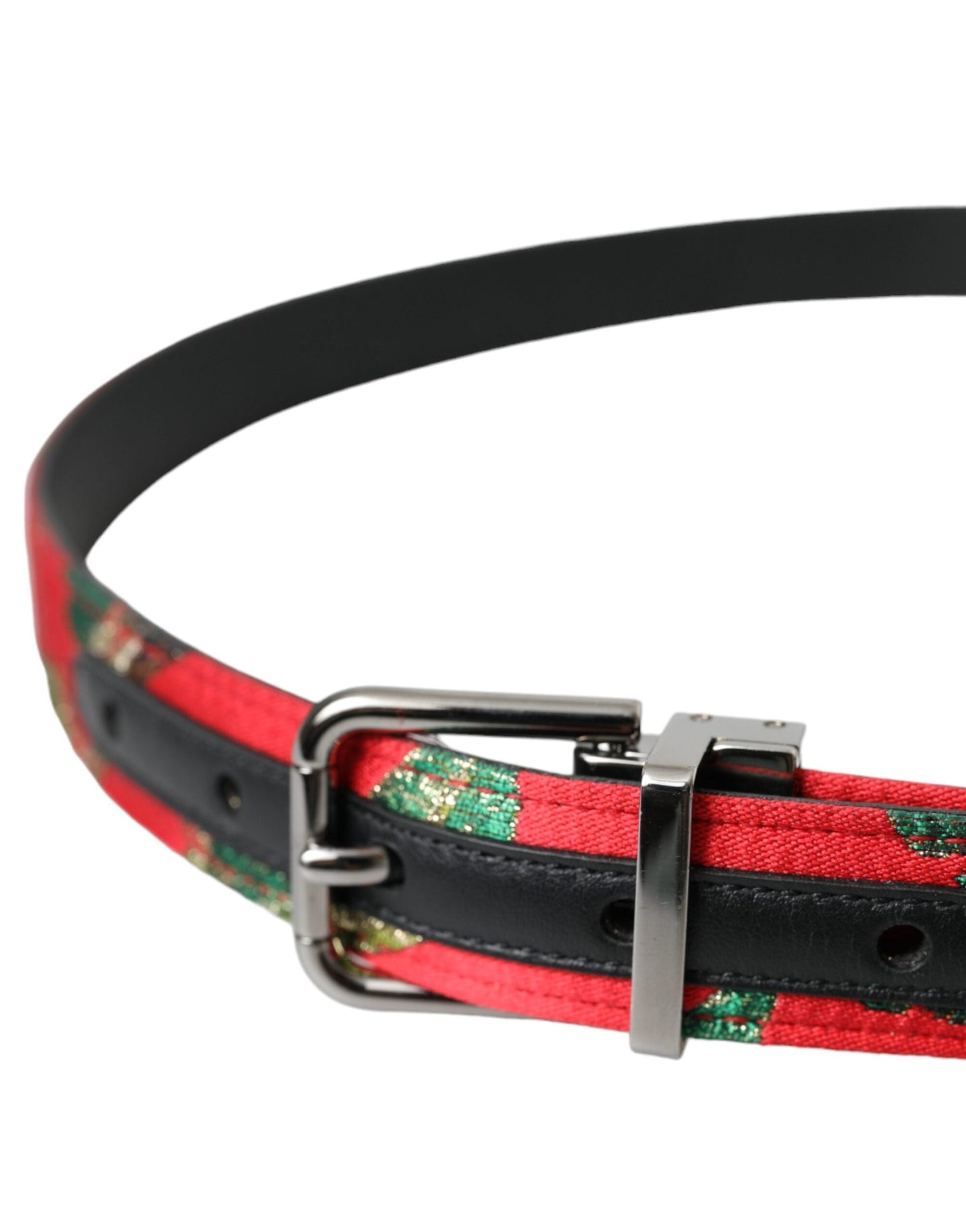 Dolce & Gabbana Red Leather Jacquard Silver Metal Buckle Men's Belt