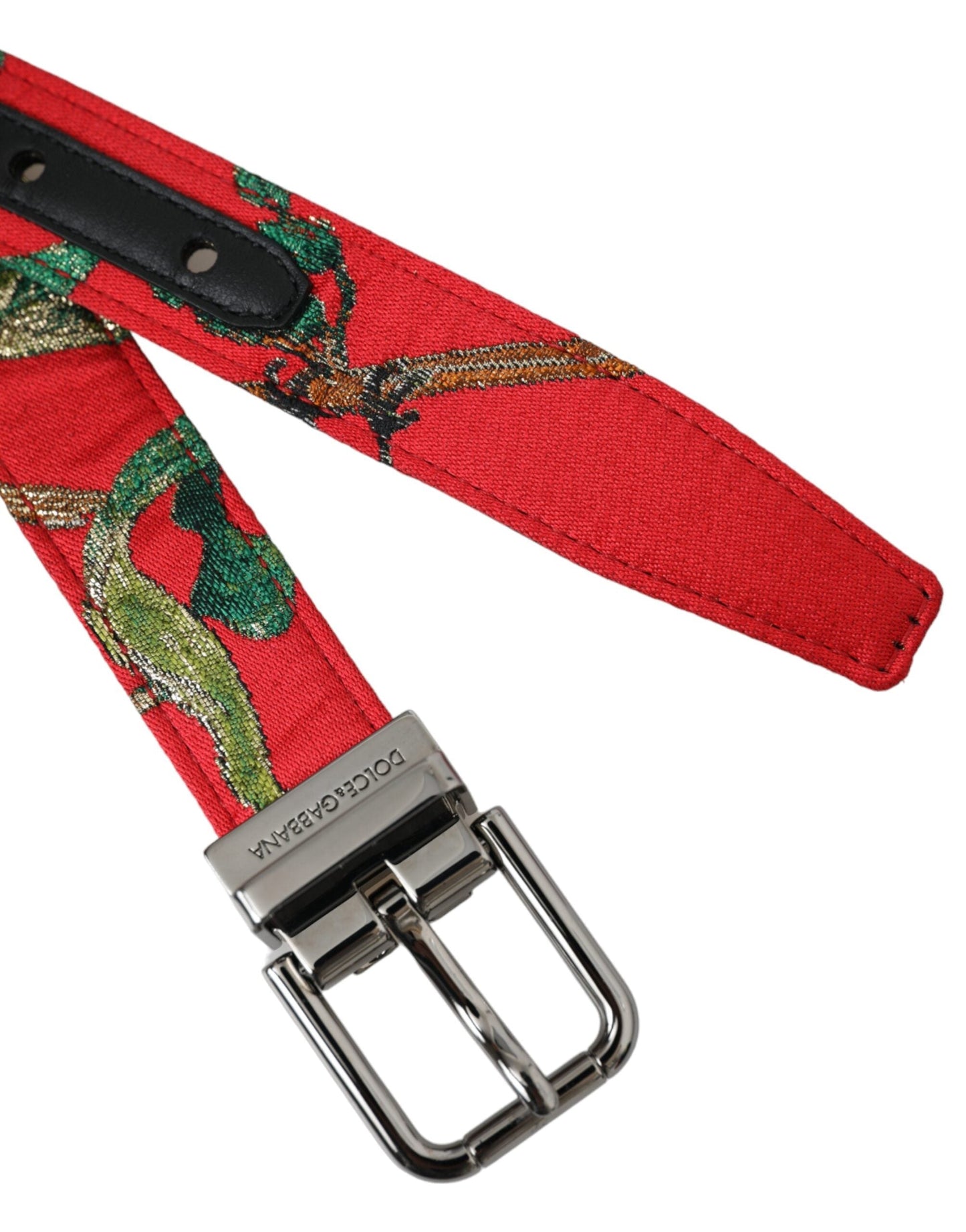 Dolce & Gabbana Red Leather Jacquard Silver Metal Buckle Men's Belt