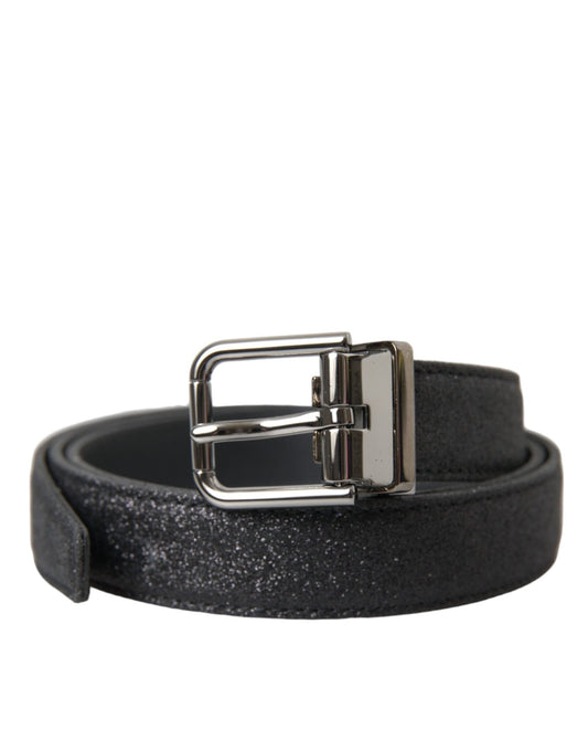 Dolce & Gabbana Black Glittered Leather Silver Buckle Women's Belt