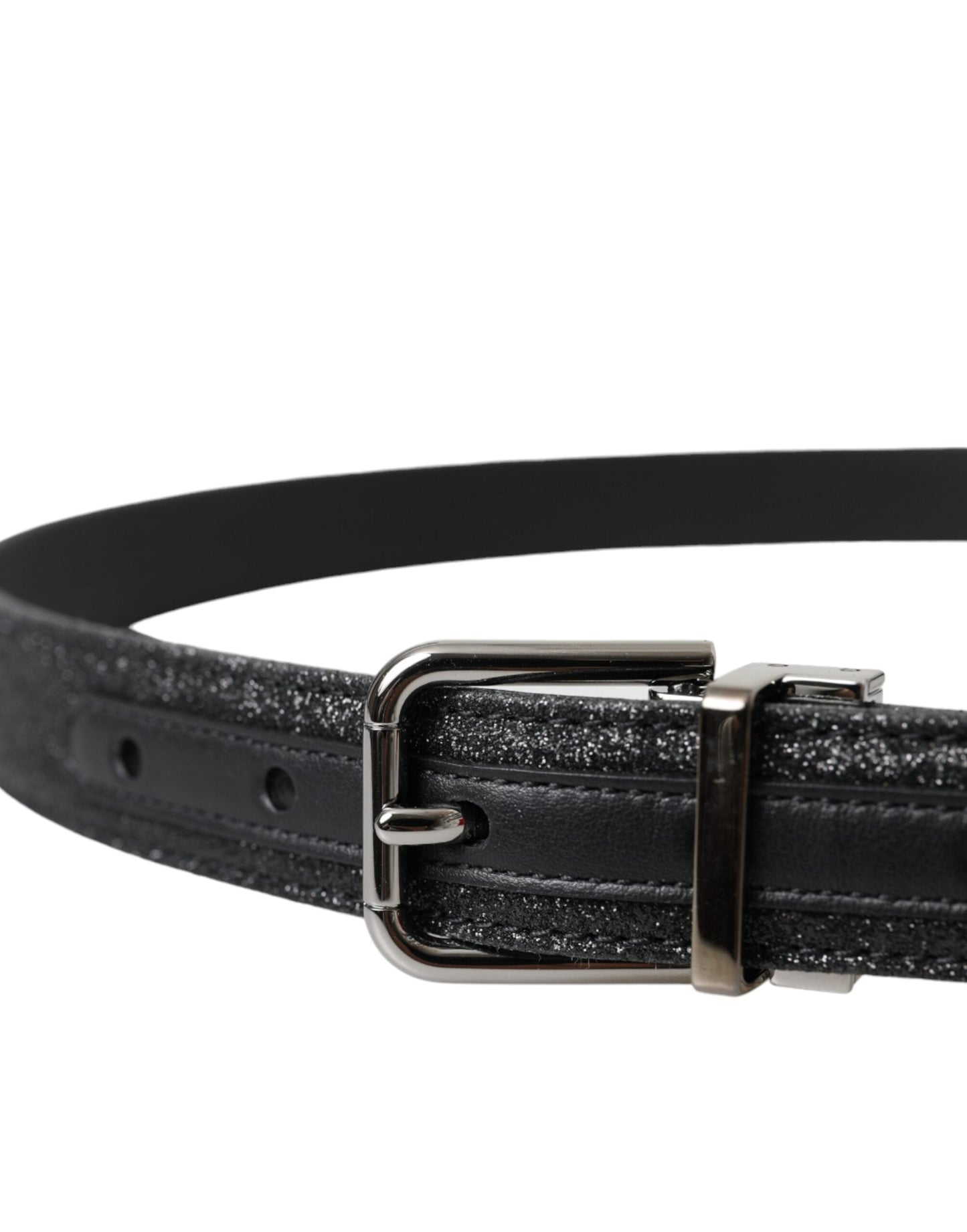 Dolce & Gabbana Black Glittered Leather Silver Buckle Women's Belt