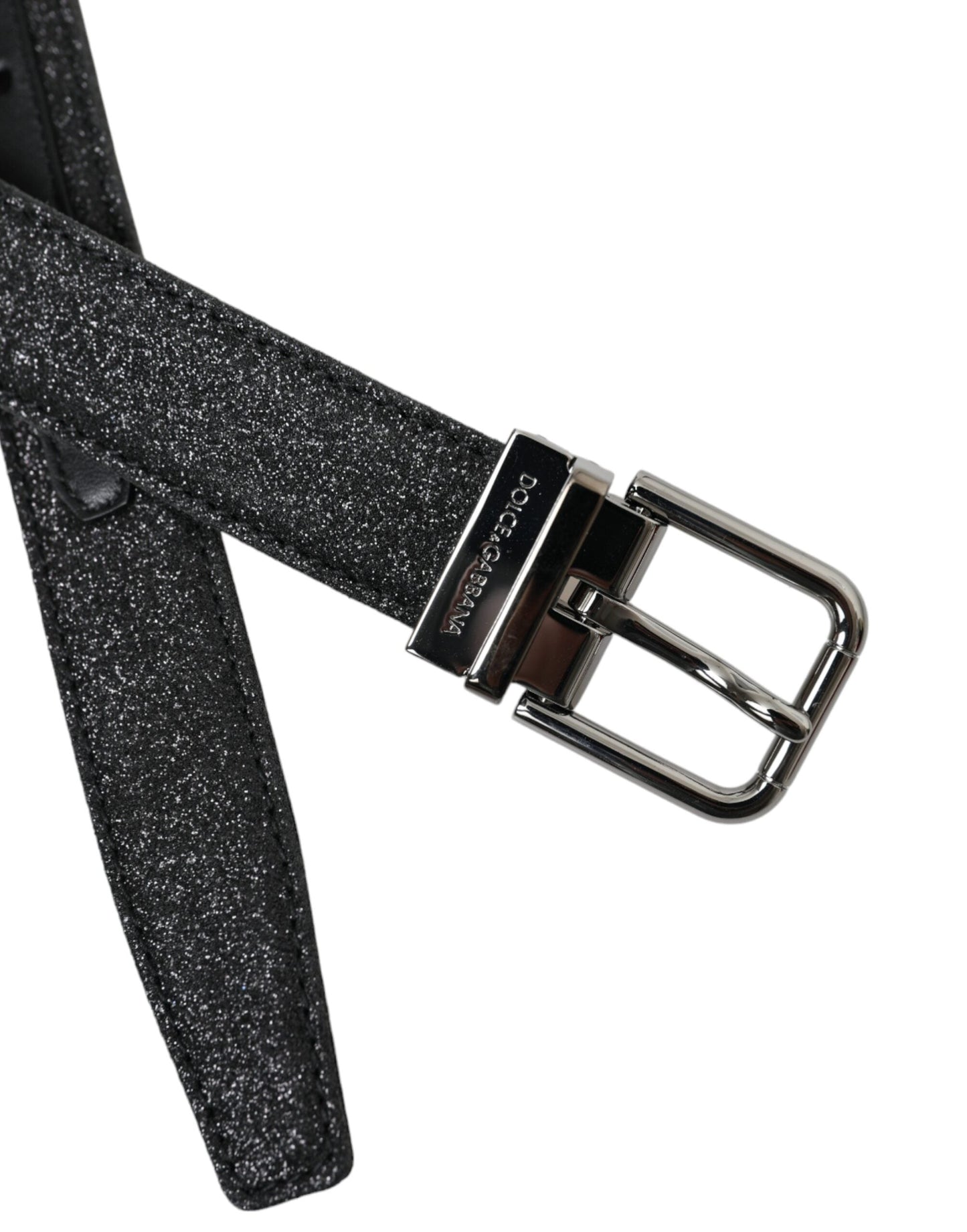 Dolce & Gabbana Black Glittered Leather Silver Buckle Women's Belt