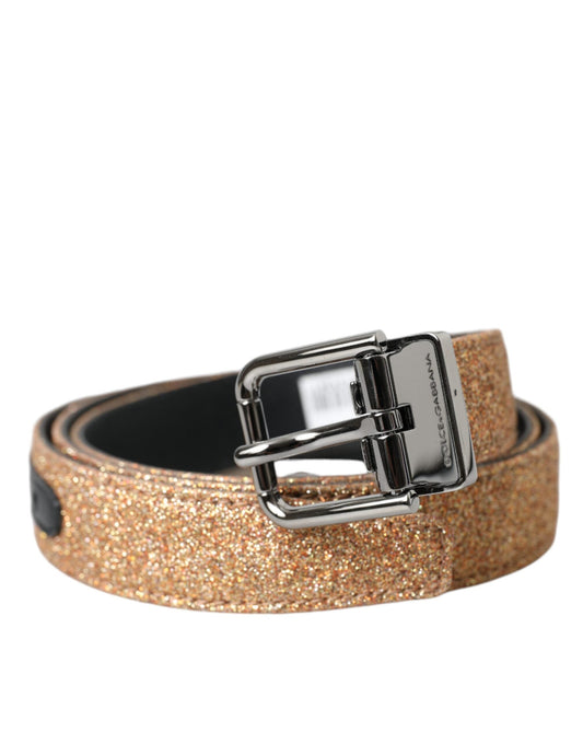 Dolce & Gabbana Gold Glitter Leather Silver Metal Buckle Women's Belt
