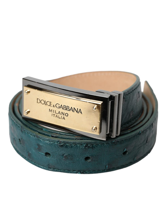 Dolce & Gabbana Green Leather Gold Logo Engraved Buckle Women's Belt