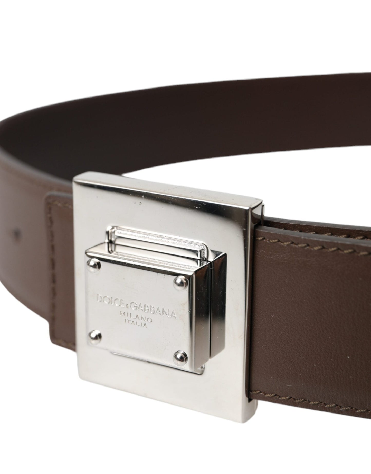 Dolce & Gabbana Brown Calf Leather Square Metal Buckle Women's Belt