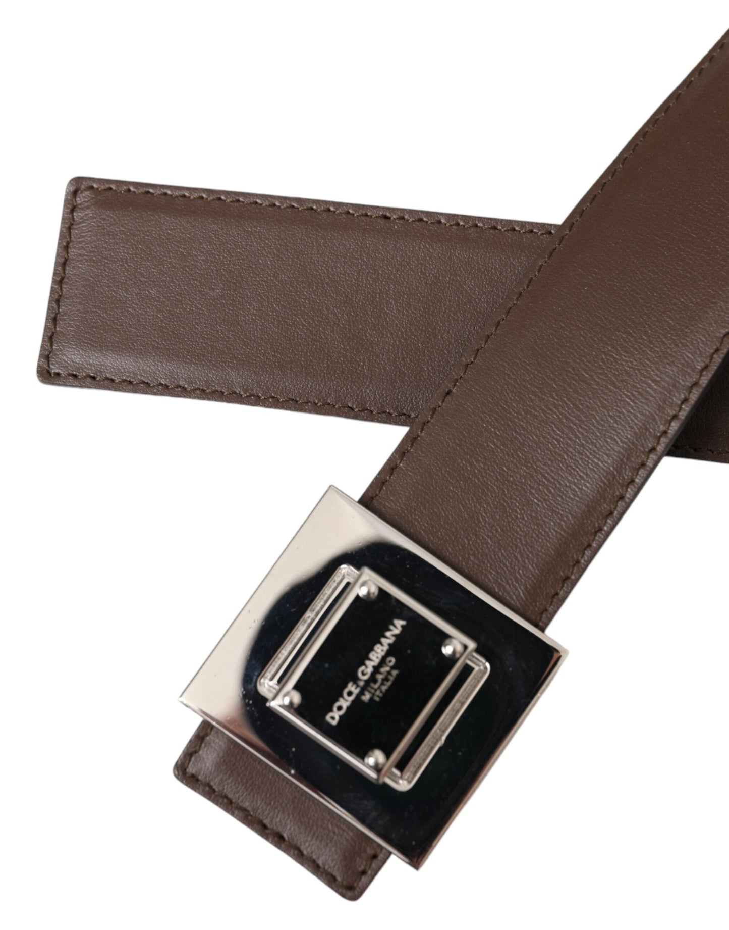 Dolce & Gabbana Brown Calf Leather Square Metal Buckle Women's Belt