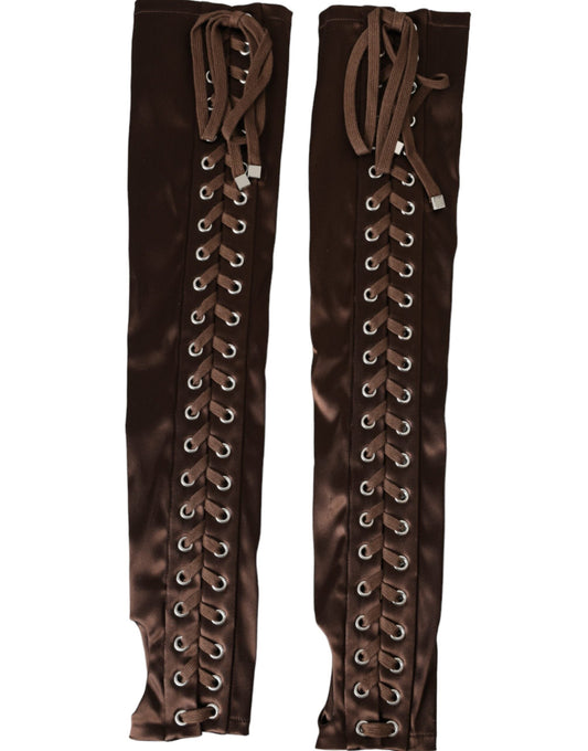 Dolce & Gabbana Brown Acetate Lace Up Fingerless Women's Gloves