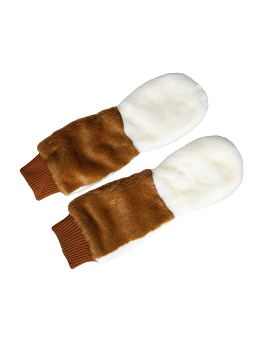 Dolce & Gabbana Brown White Acrylic Knitted Fur Mitten Women's Gloves
