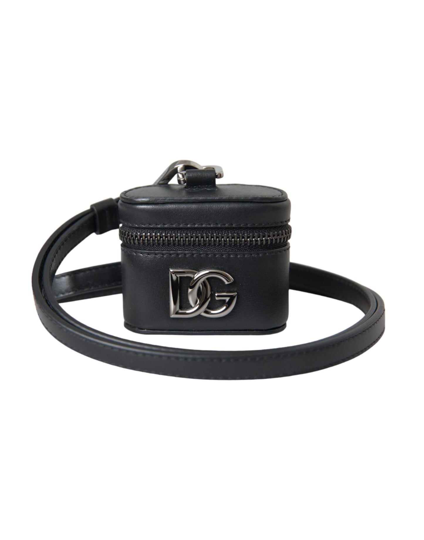 Dolce & Gabbana Black DG Logo Leather Silver Metal Airpods Women's Case