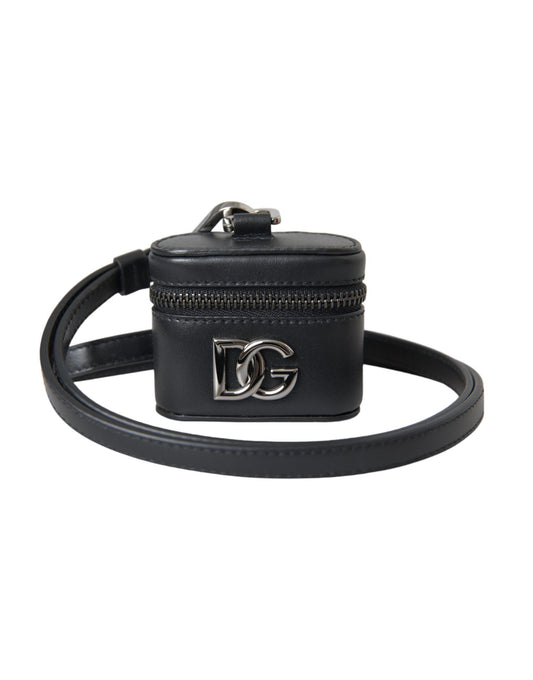 Dolce & Gabbana Black DG Logo Leather Silver Metal Airpods Women's Case