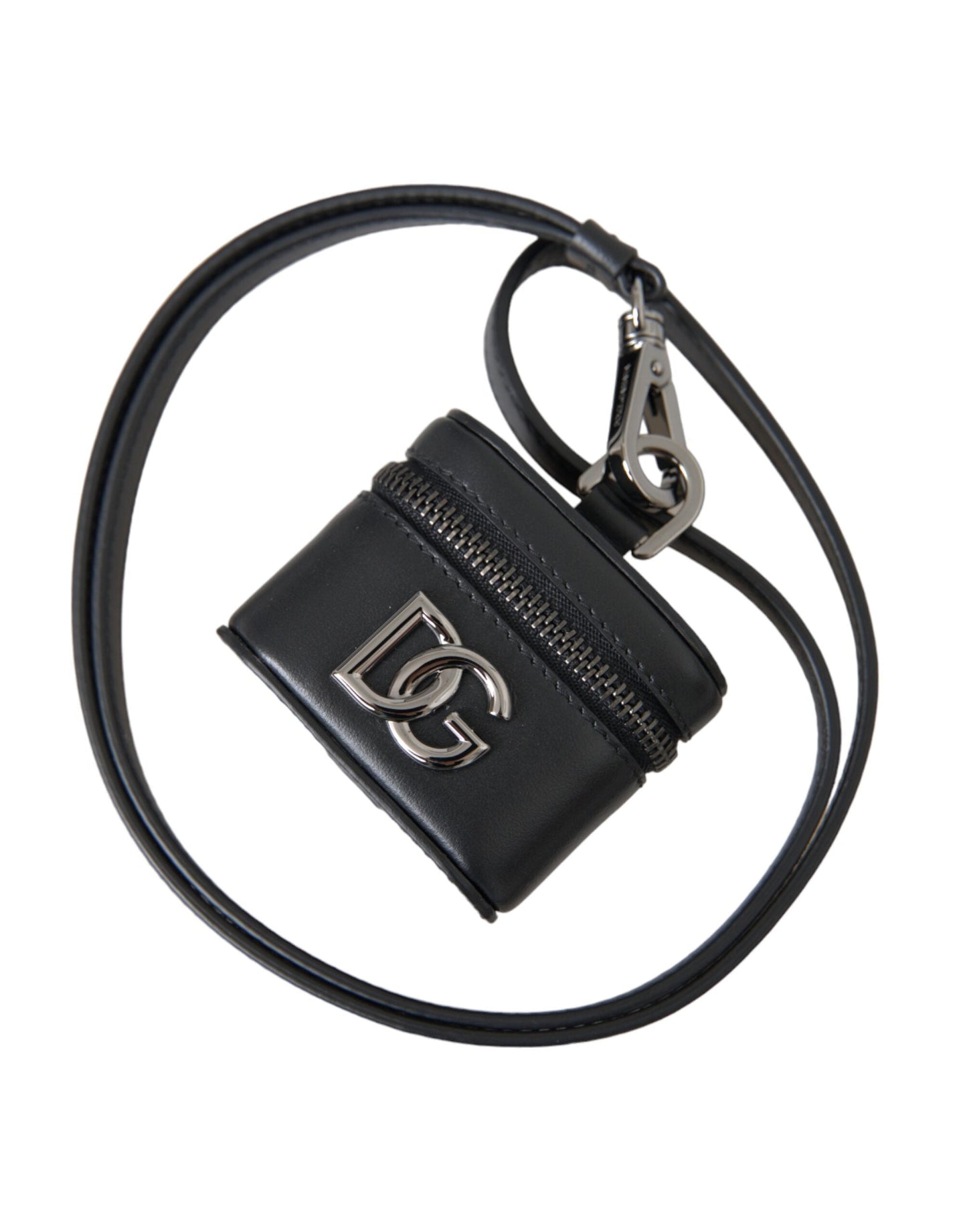 Dolce & Gabbana Black DG Logo Leather Silver Metal Airpods Women's Case
