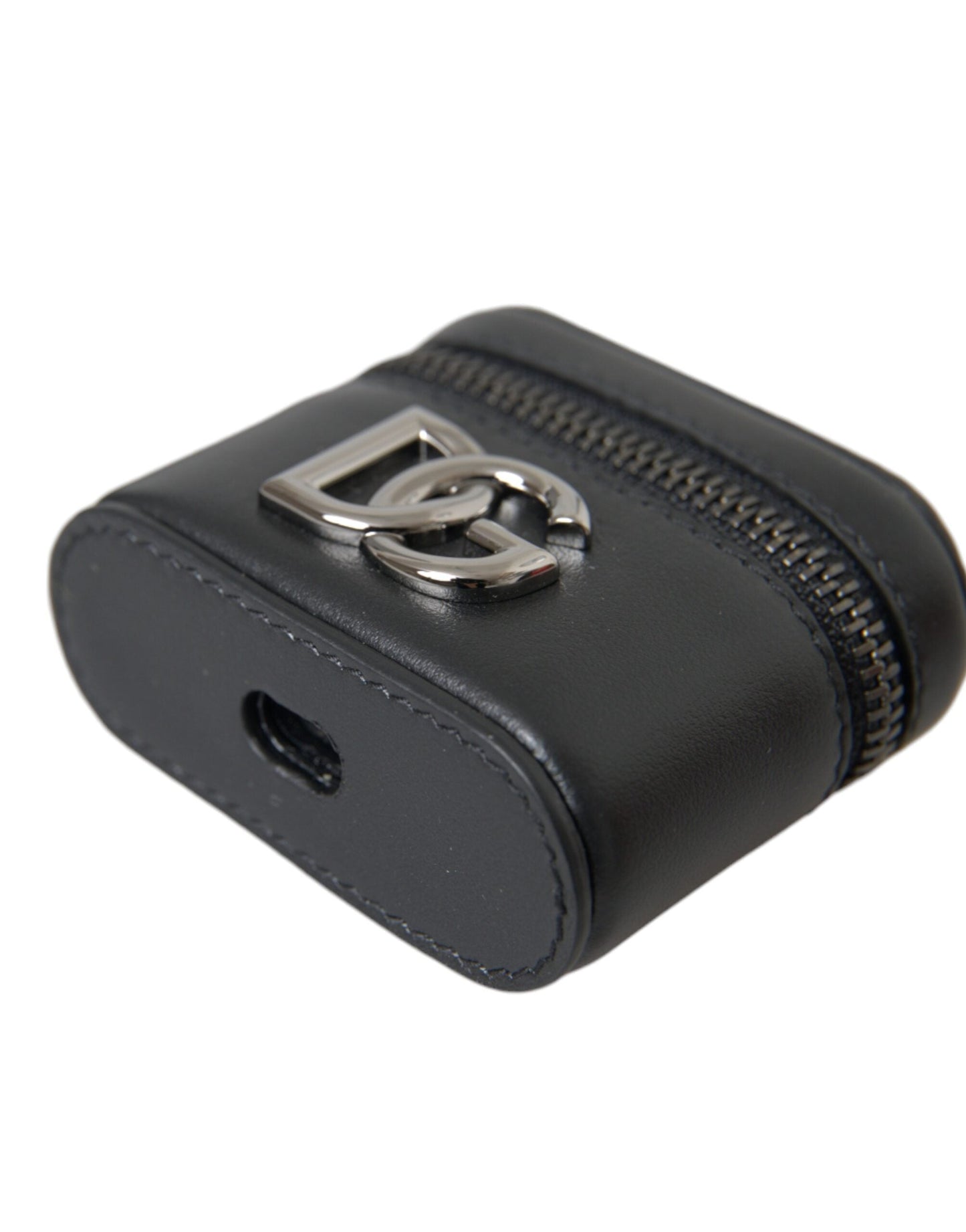 Dolce & Gabbana Black DG Logo Leather Silver Metal Airpods Women's Case