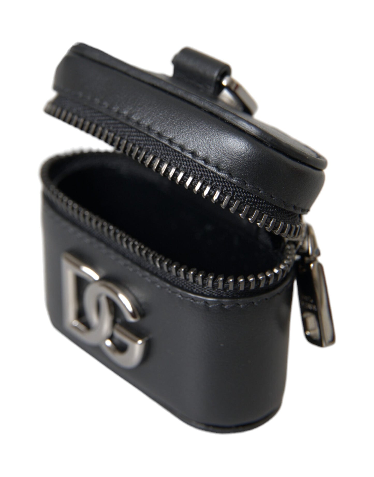 Dolce & Gabbana Black DG Logo Leather Silver Metal Airpods Women's Case