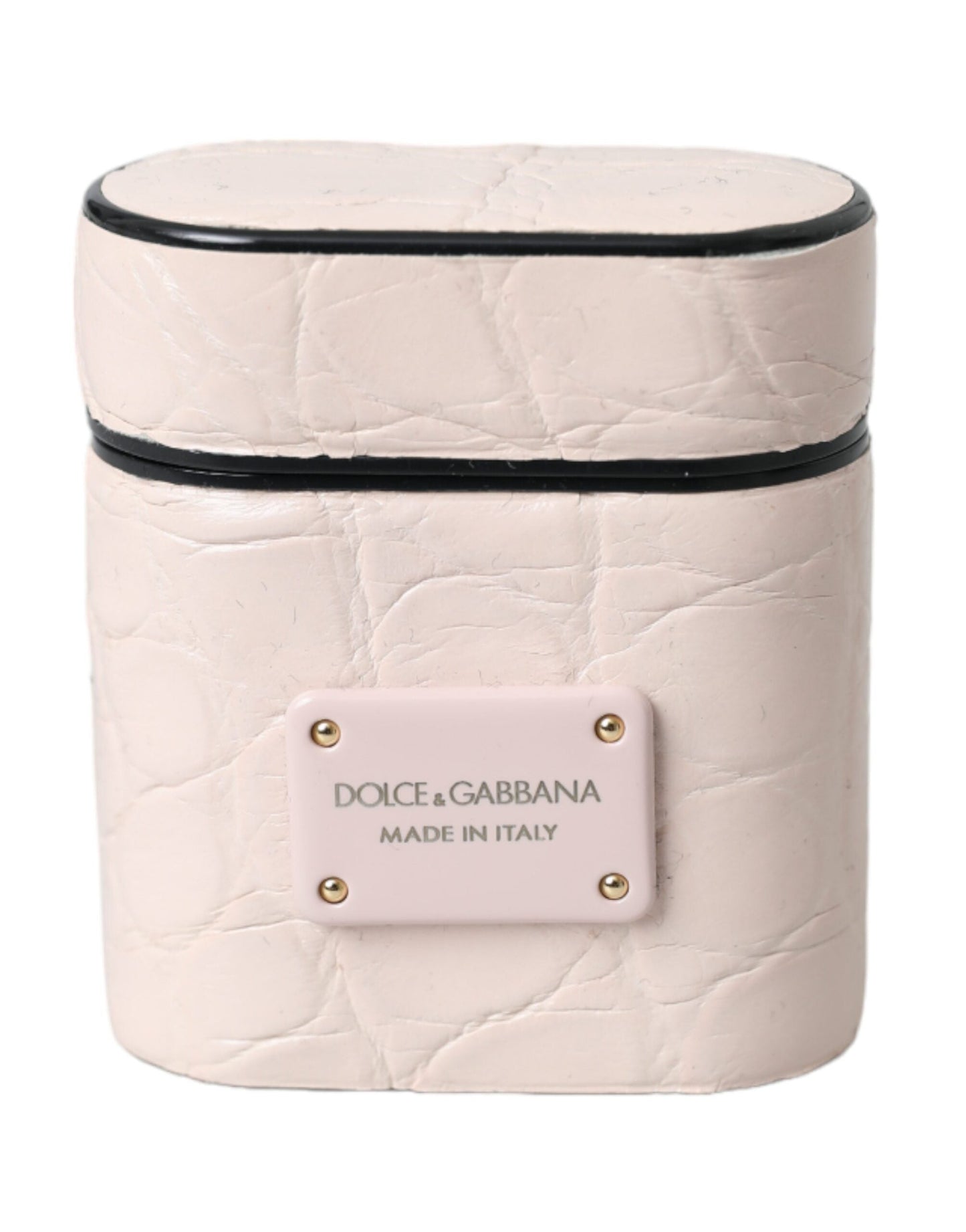 Dolce & Gabbana Light Pink Leather Metal Logo Plaque Airpods Women's Case
