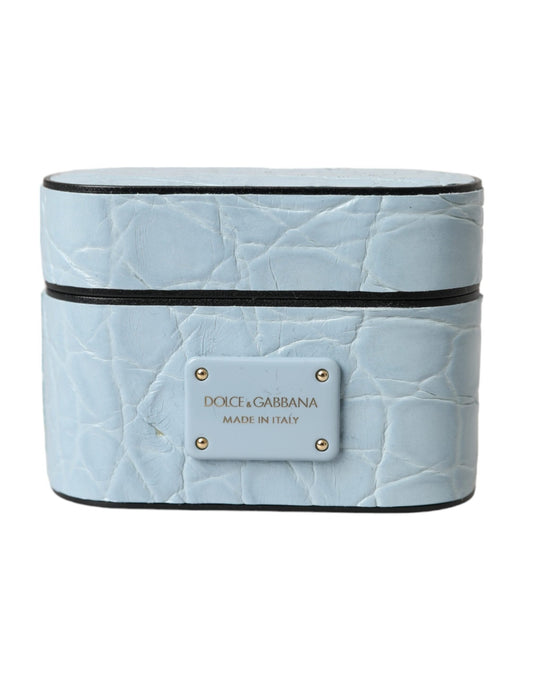 Dolce & Gabbana Light Blue Leather Metal Logo Plaque Airpods Women's Case