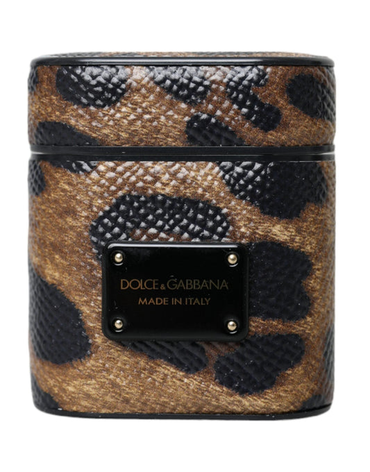 Dolce & Gabbana Brown Leopard Calf Leather Metal Logo Plaque Airpods Women's Case