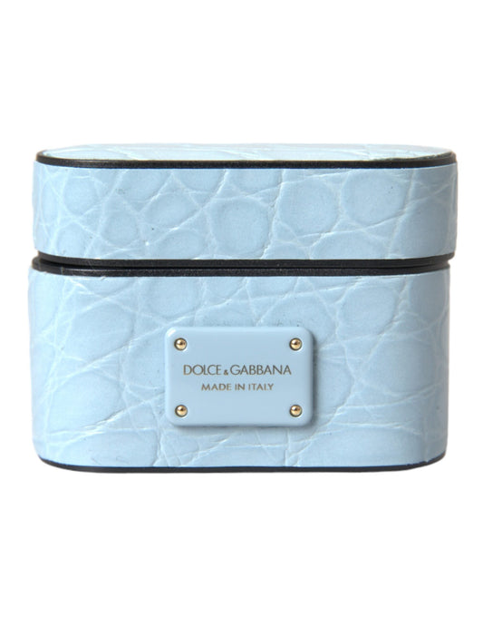 Dolce & Gabbana Light Blue Leather Metal Logo Plaque Airpods Women's Case