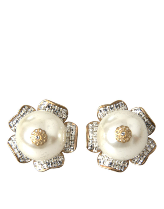 Dolce & Gabbana Gold Tone Maxi Faux Pearl Floral Clip-on Jewelry Women's Earrings (Pre-Owned)