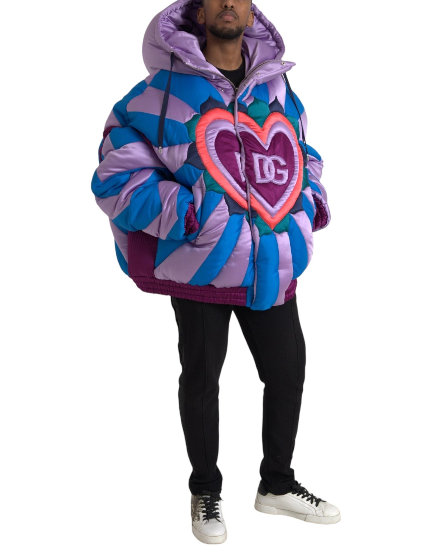 Dolce & Gabbana Multicolor Heart Logo Hooded Puffer Men's Jacket