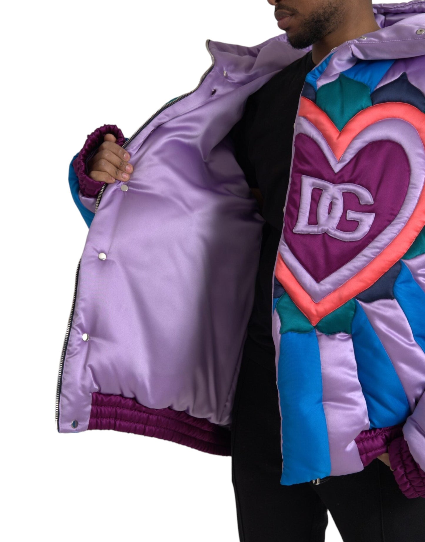 Dolce & Gabbana Multicolor Heart Logo Hooded Puffer Men's Jacket