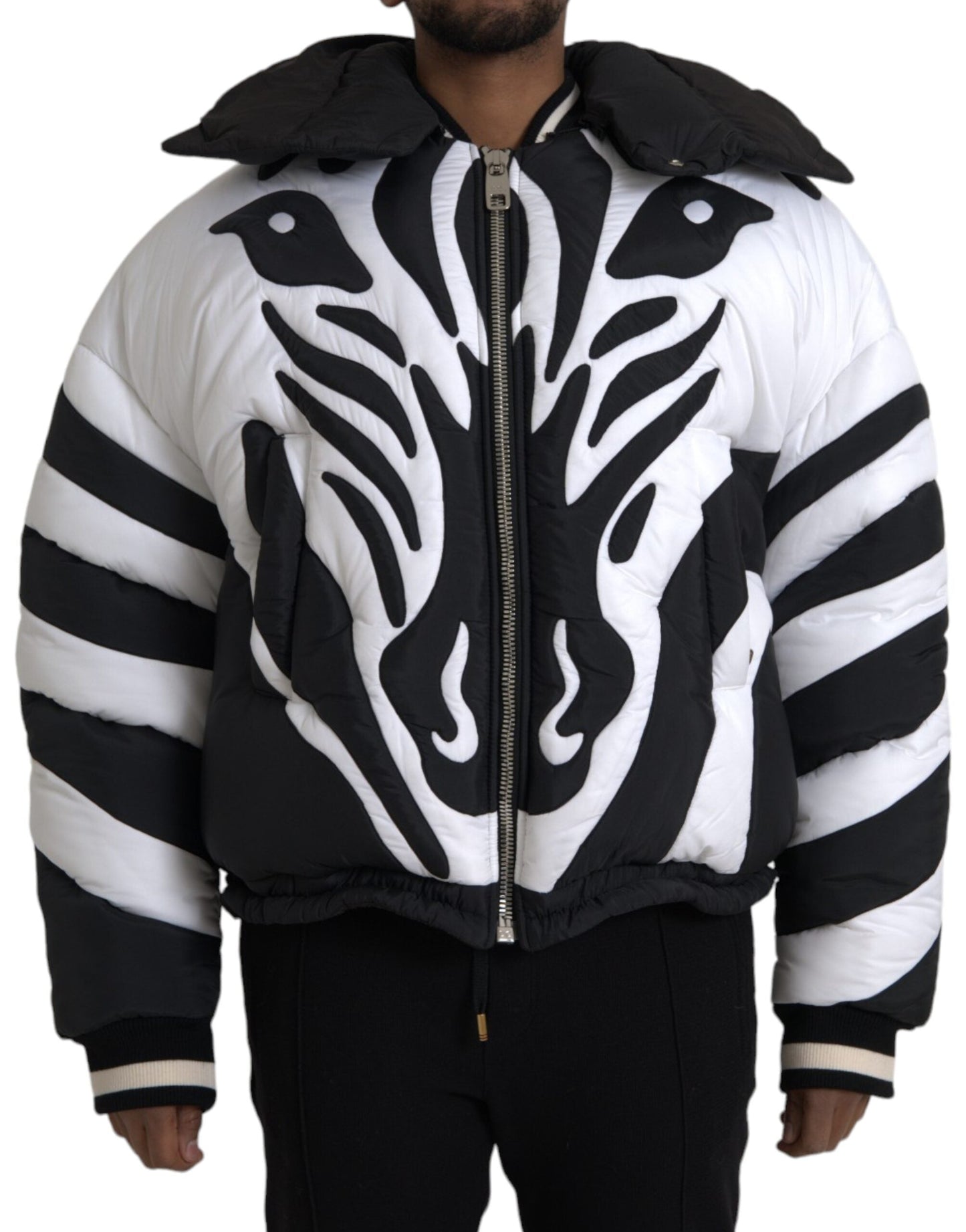 Dolce & Gabbana Black White Stripes Hooded Puffer Men's Jacket
