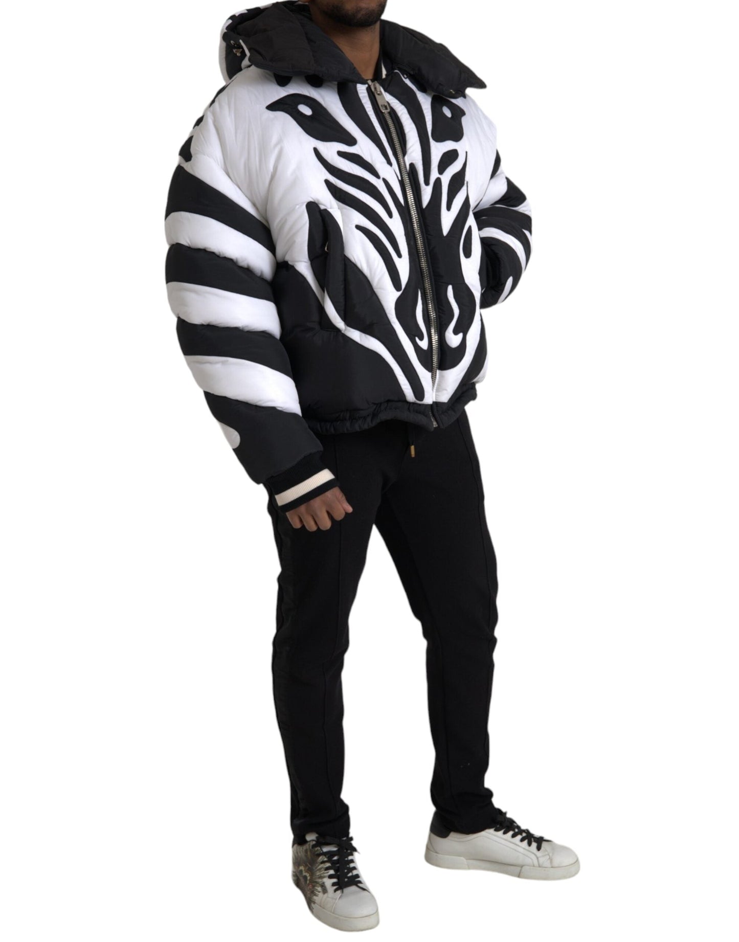 Dolce & Gabbana Black White Stripes Hooded Puffer Men's Jacket