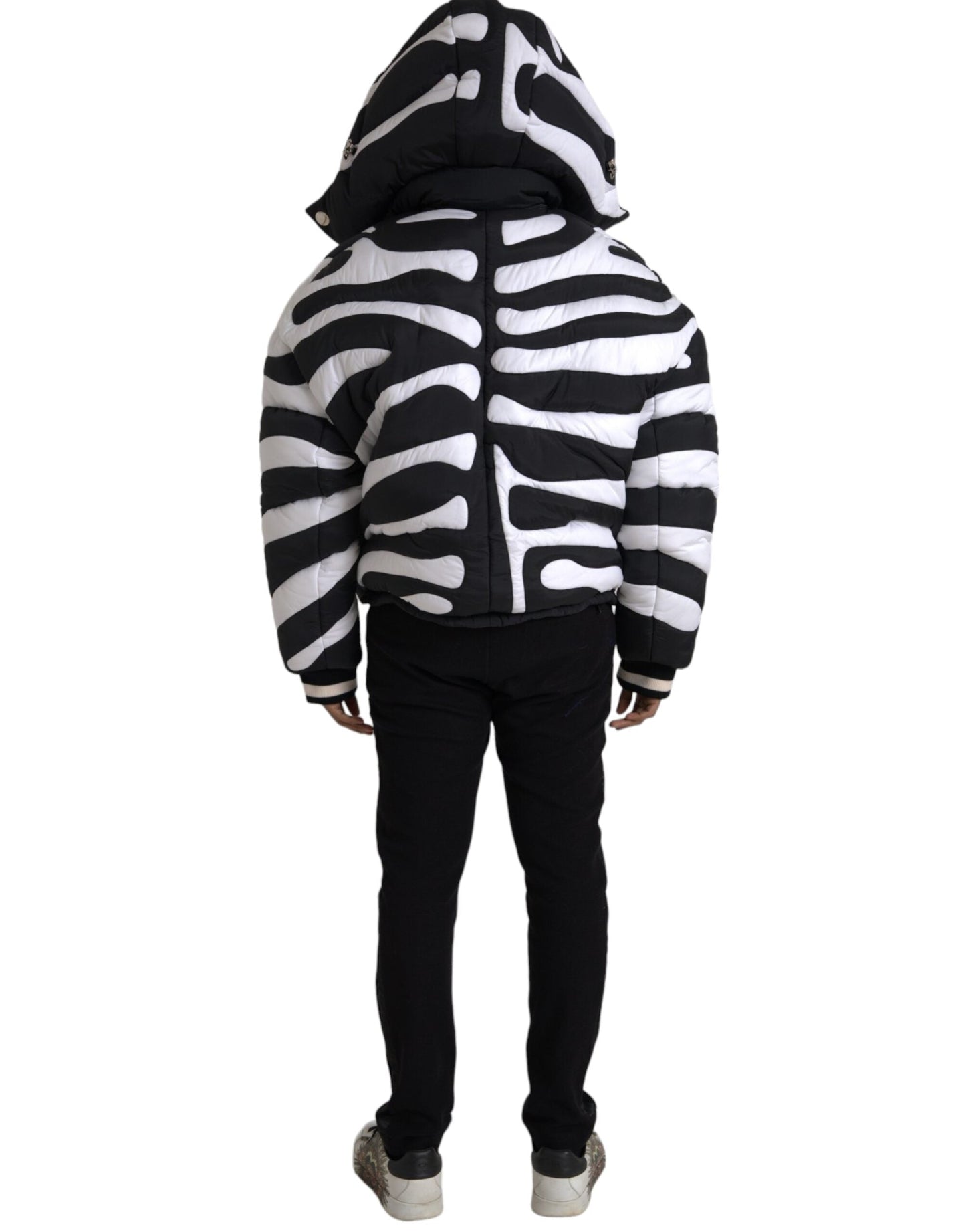 Dolce & Gabbana Black White Stripes Hooded Puffer Men's Jacket
