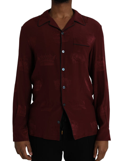 Dolce & Gabbana Maroon Crown Jacquard Silk Long Sleeve Men's Shirt
