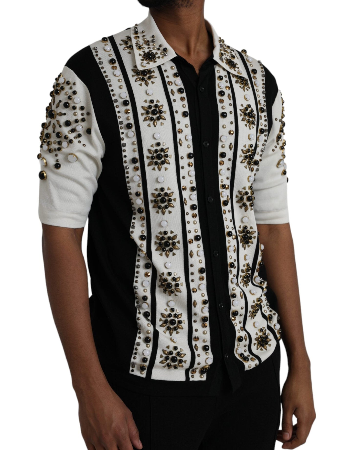 Dolce & Gabbana White Black Silk Studded Stone Crystal Men's Shirt