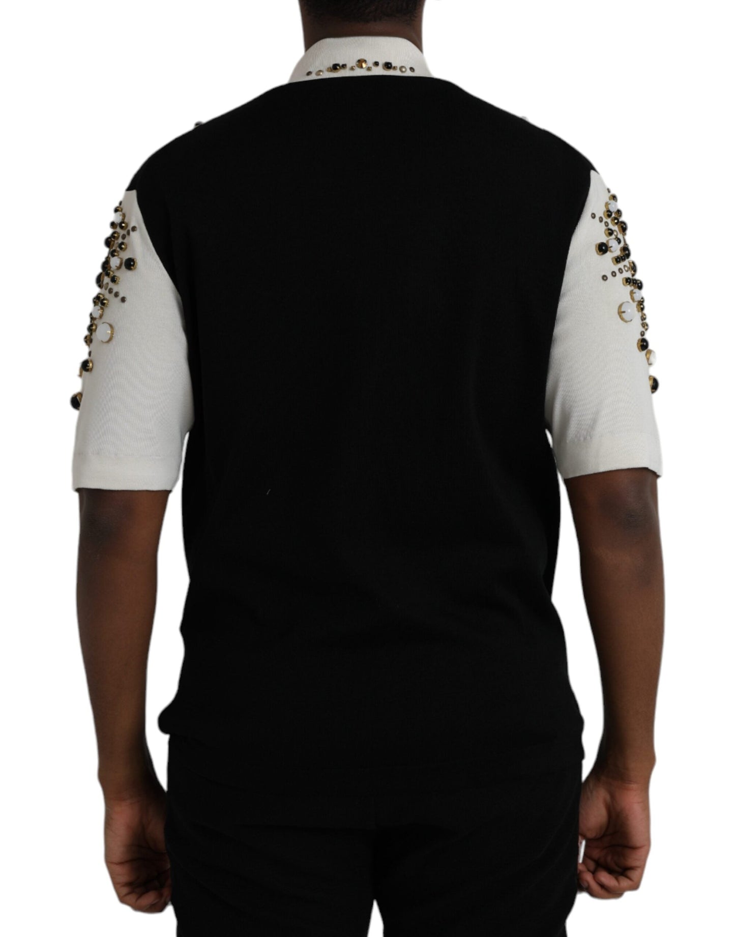 Dolce & Gabbana White Black Silk Studded Stone Crystal Men's Shirt