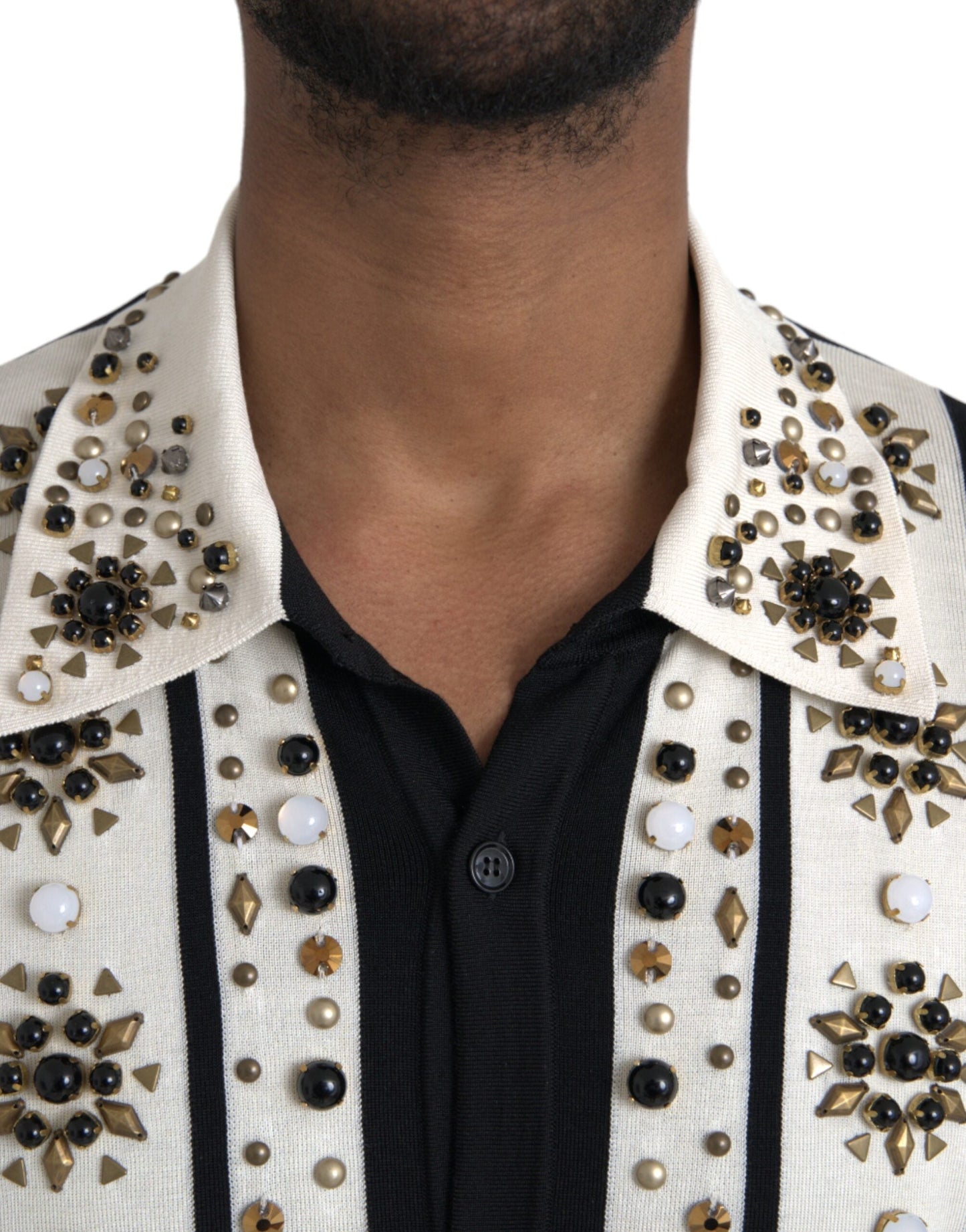 Dolce & Gabbana White Black Silk Studded Stone Crystal Men's Shirt