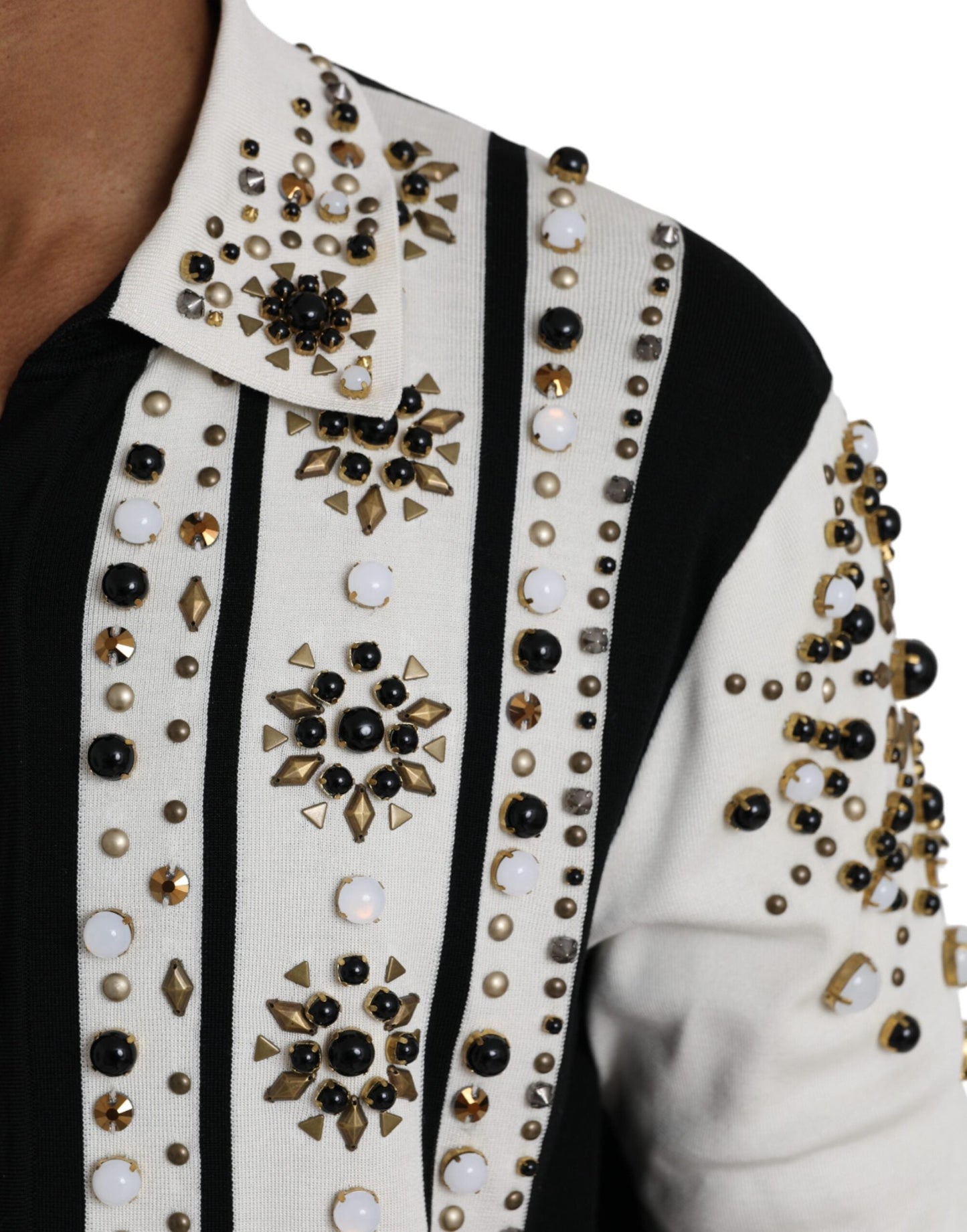 Dolce & Gabbana White Black Silk Studded Stone Crystal Men's Shirt