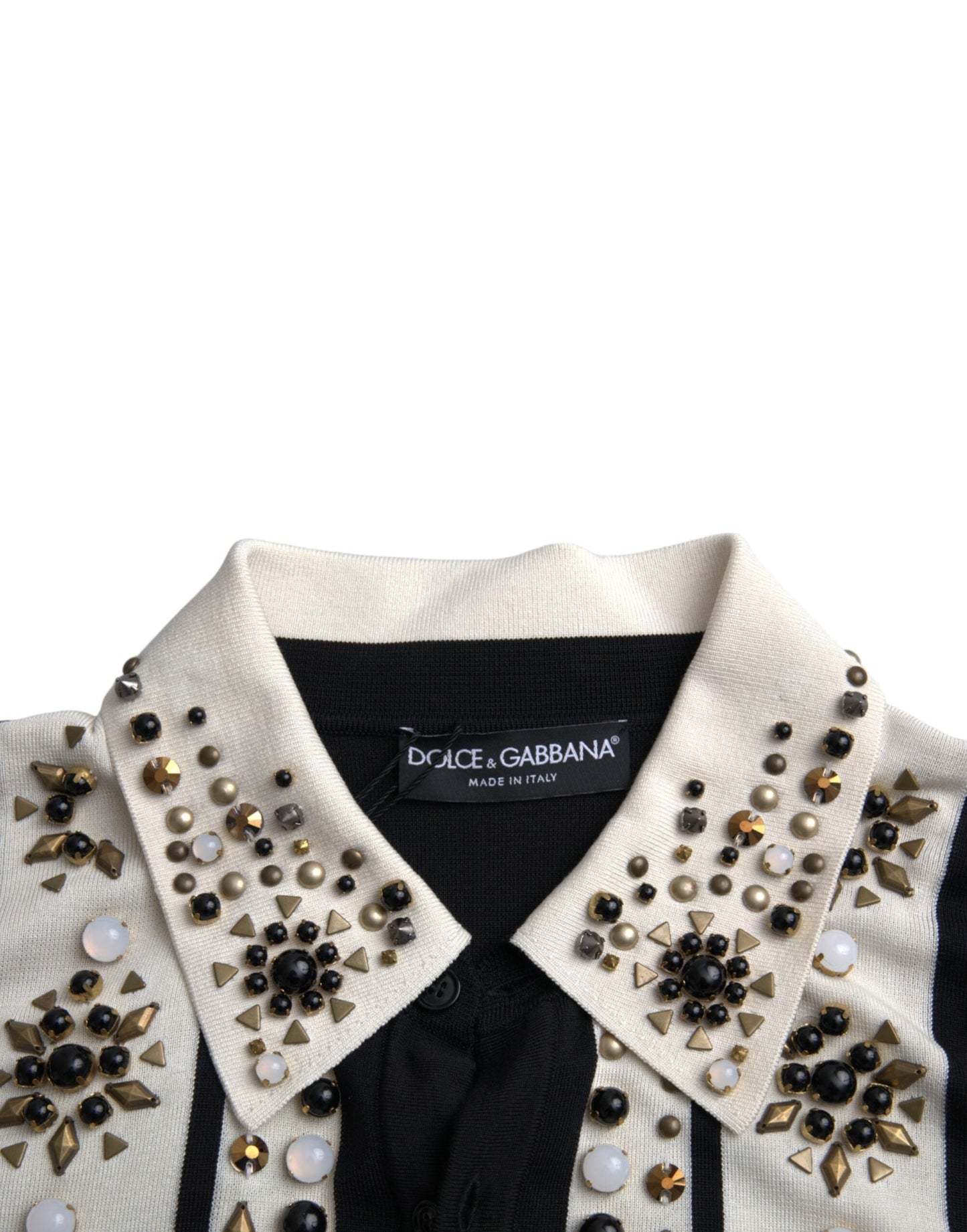 Dolce & Gabbana White Black Silk Studded Stone Crystal Men's Shirt