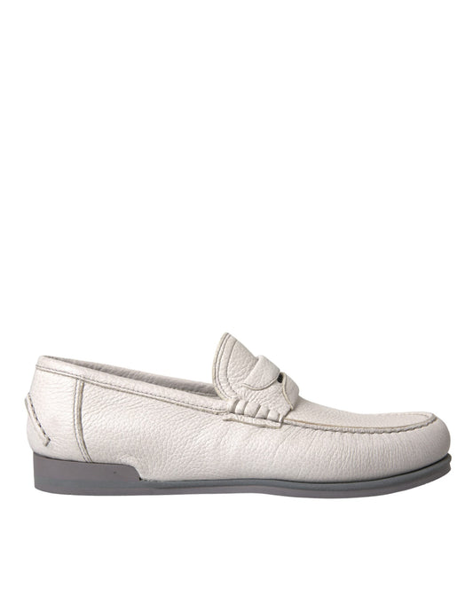 Dolce & Gabbana White Gray Leather Slip Mocassin Shoes Men's Loafer