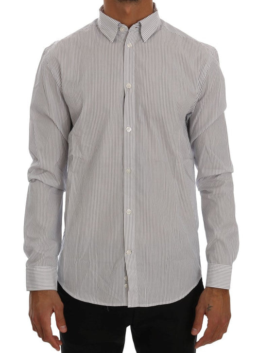 Frankie Morello White Blue Striped Casual Cotton Regular Fit Men's Shirt