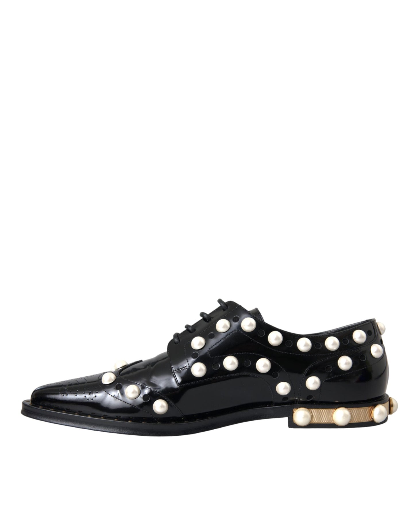 Dolce & Gabbana Black Leather Faux Pearl Dress Broque Women's Shoes (Pre-Owned)