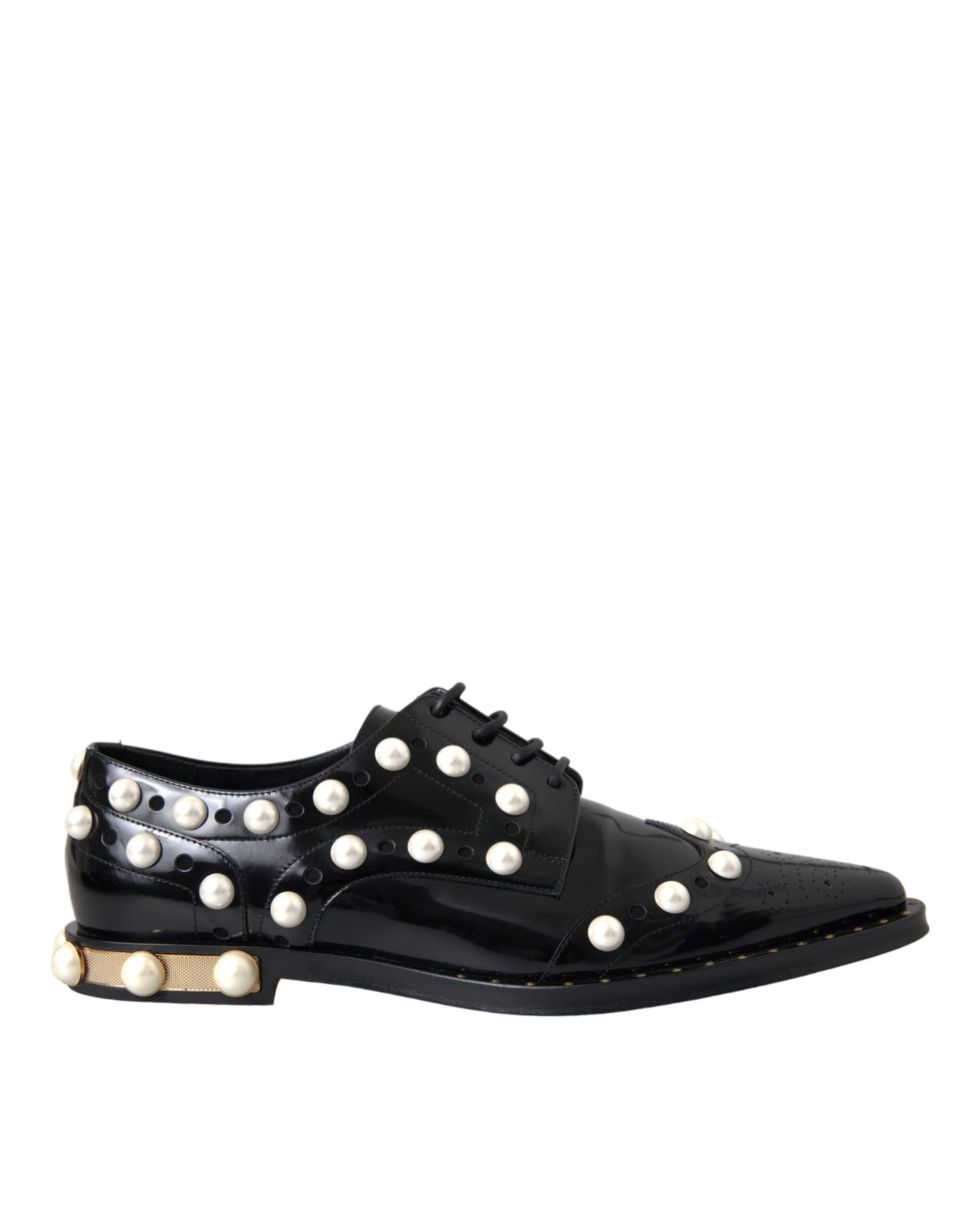 Dolce & Gabbana Black Leather Faux Pearl Dress Broque Women's Shoes (Pre-Owned)