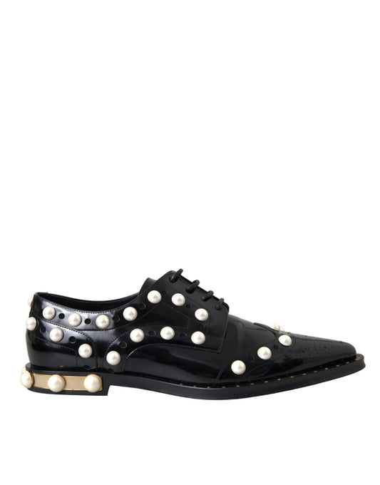 Dolce & Gabbana Black Leather Faux Pearl Dress Broque Women's Shoes (Pre-Owned)