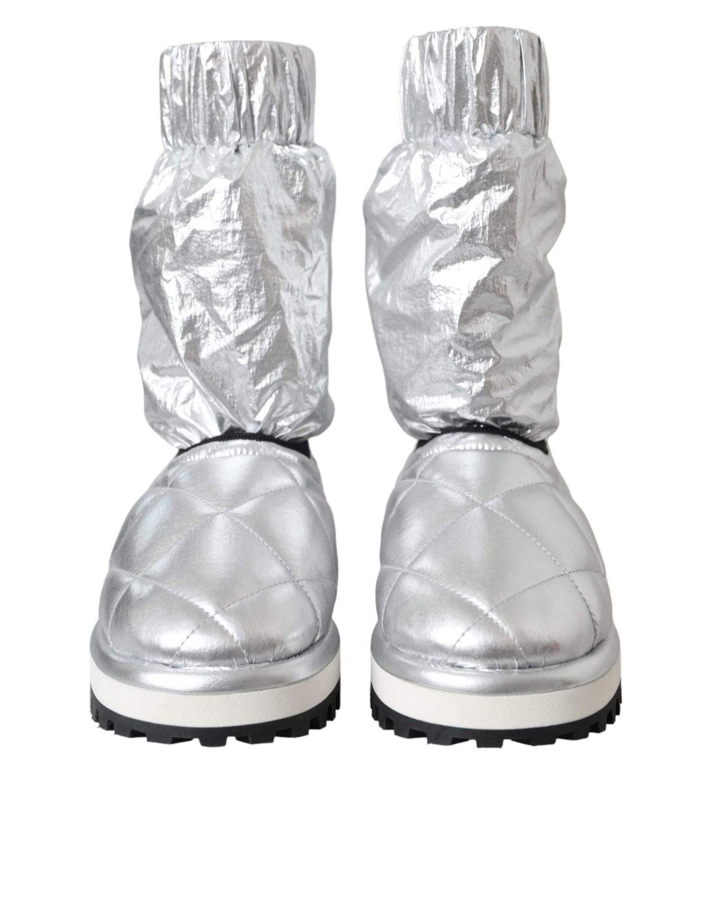 Dolce & Gabbana Metallic Silver Quilted Logo Patch Boot Women's Shoes