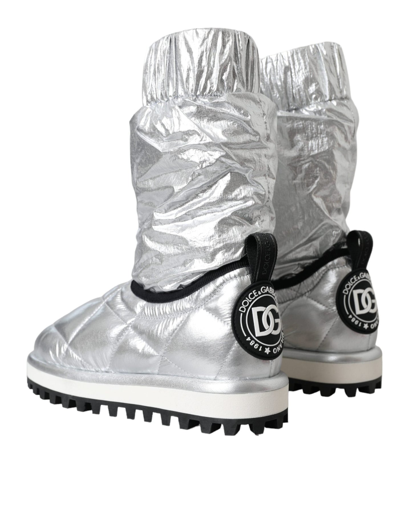 Dolce & Gabbana Metallic Silver Quilted Logo Patch Boot Women's Shoes