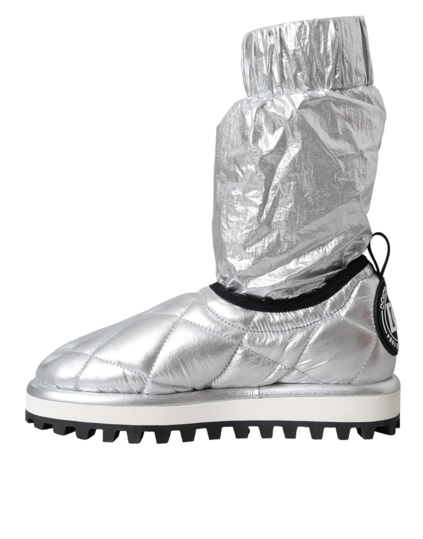 Dolce & Gabbana Metallic Silver Quilted Logo Patch Boot Women's Shoes