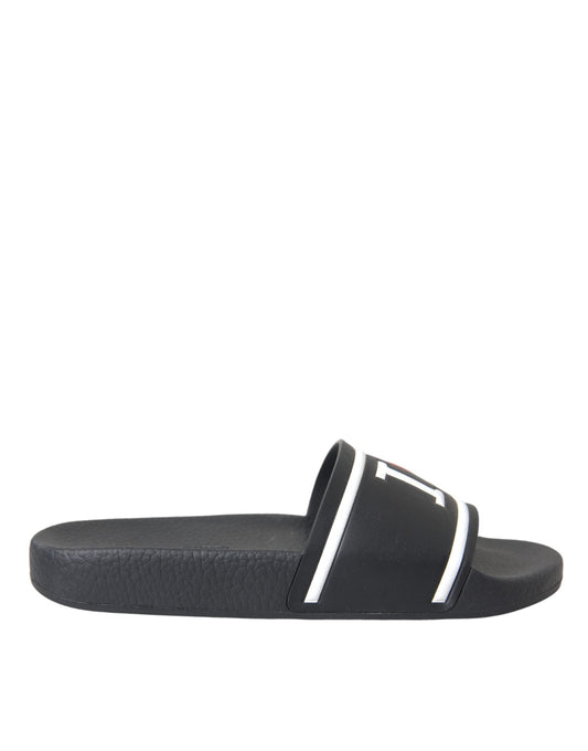 Dolce & Gabbana Black Leather I Love D&G Sandals Slides Women's Shoes