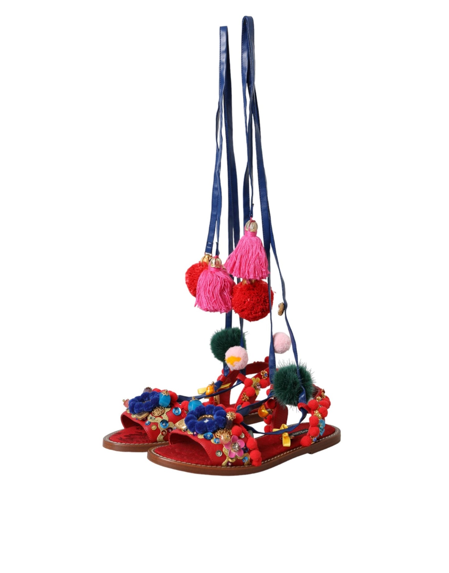 Dolce & Gabbana Multicolor Pom Pom Fur Wrap Sandals Women's Shoes