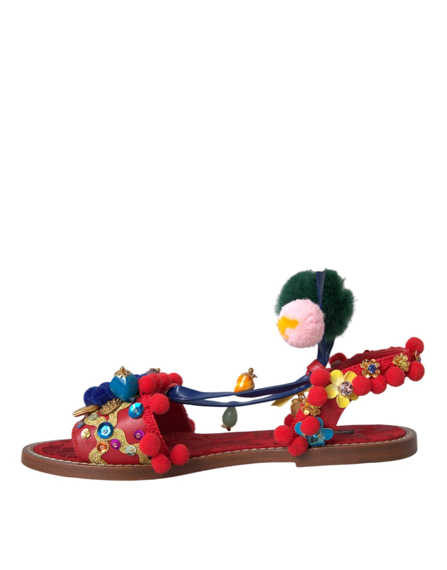 Dolce & Gabbana Multicolor Pom Pom Fur Wrap Sandals Women's Shoes
