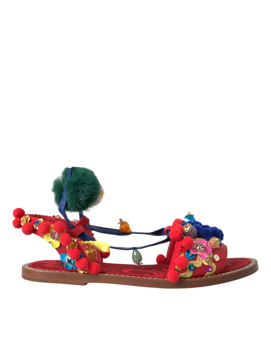 Dolce & Gabbana Multicolor Pom Pom Fur Wrap Sandals Women's Shoes